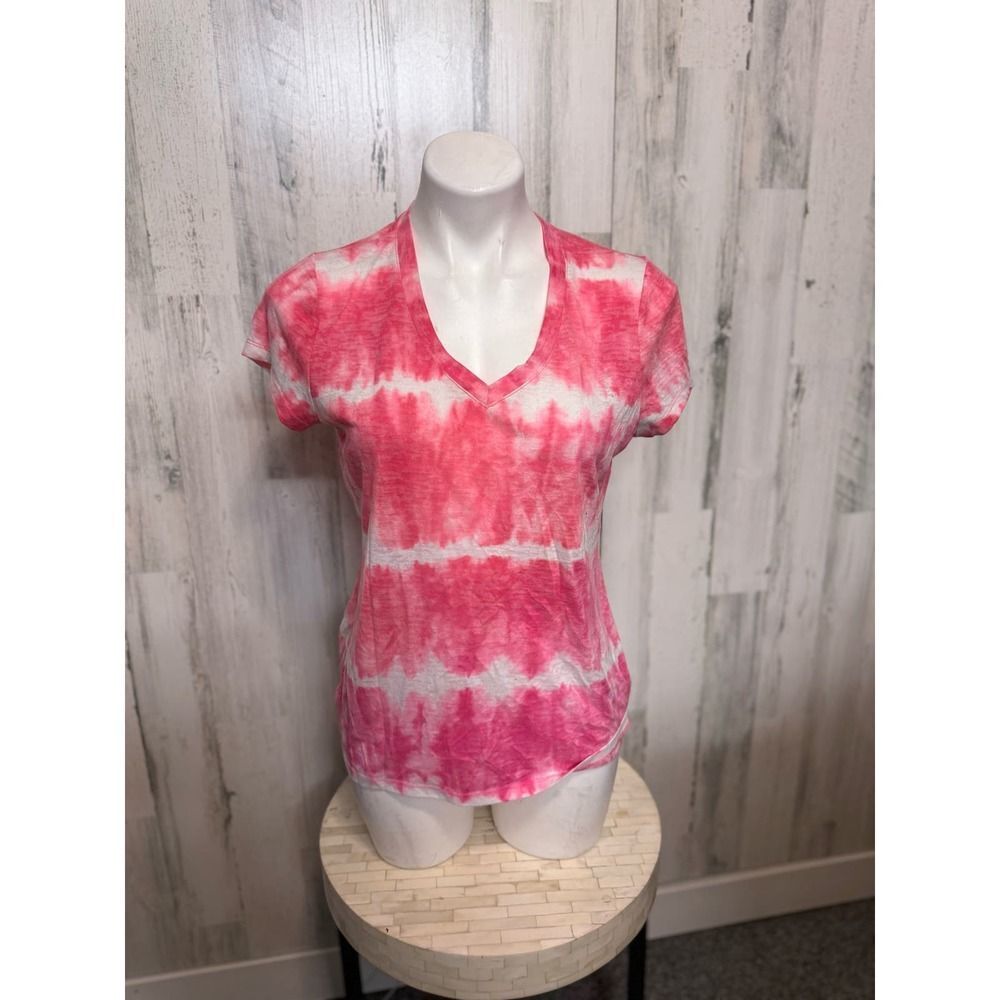 Chaus Sport Tie Dye V-Neck T-Shirt Womens L Pink White Short Sleeve Slub Knit
